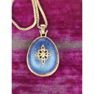 Avon Royal Impression Blue Satin Rhinestone Egg Pendant 925 Necklace Vintage
